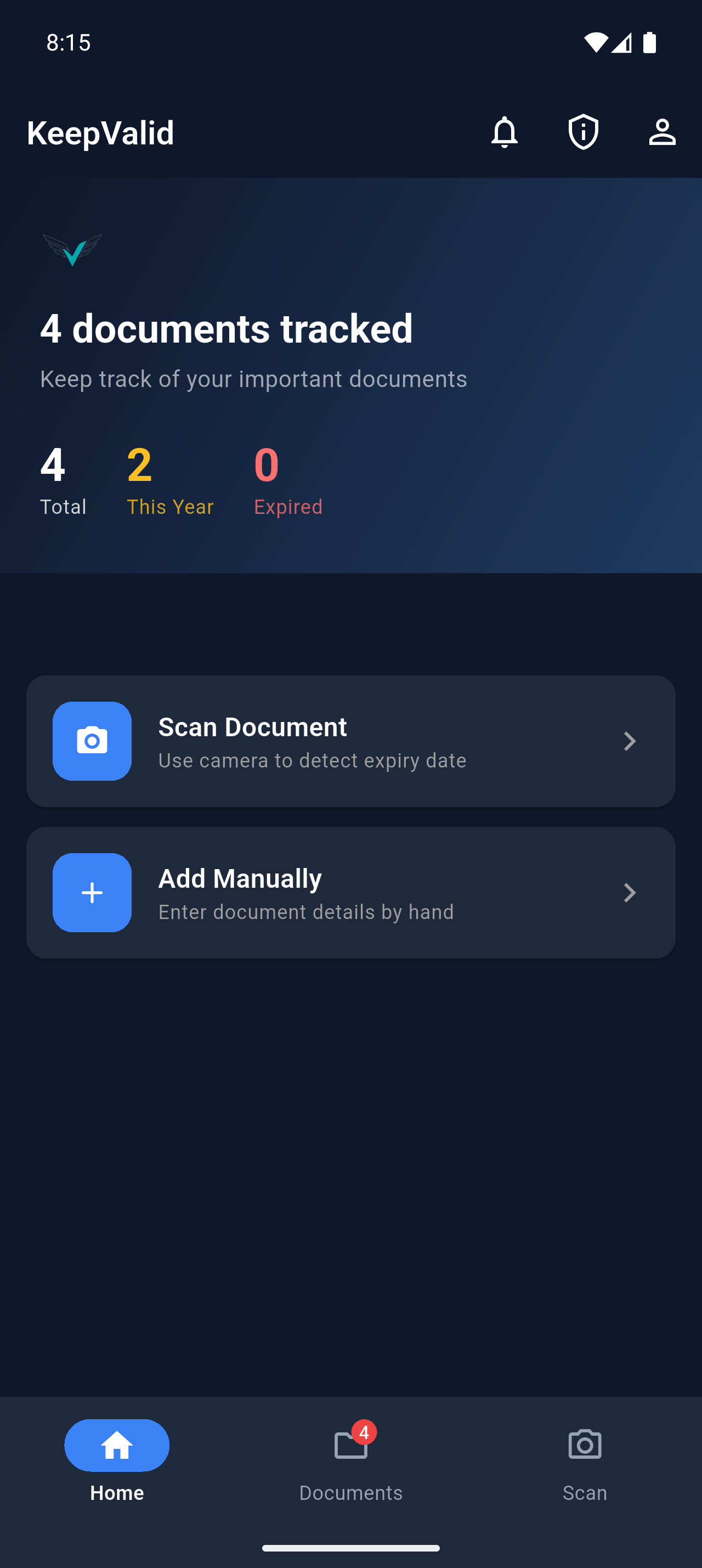 KeepValid home screen with options to scan a document or add one manually.