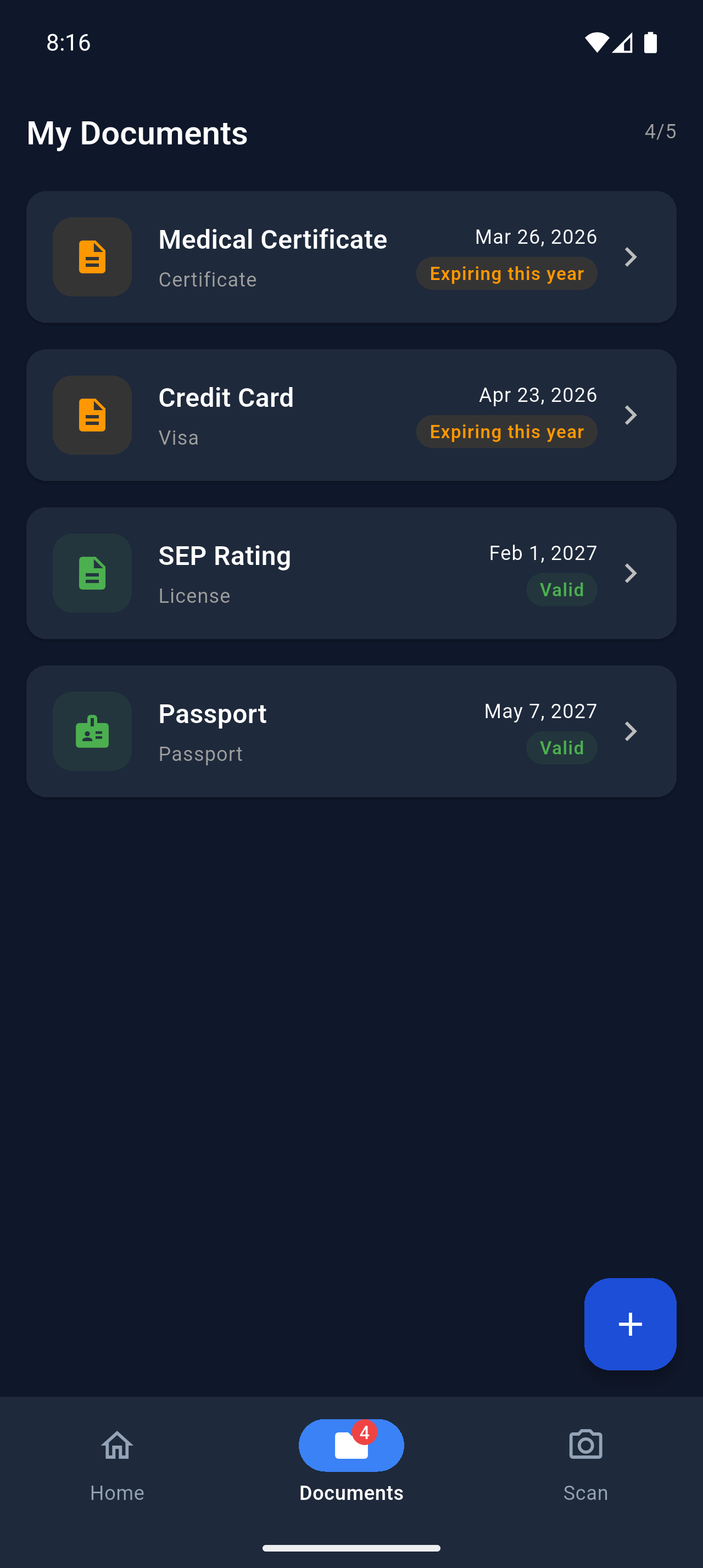 KeepValid showing tracked documents including a medical certificate and SEP rating.