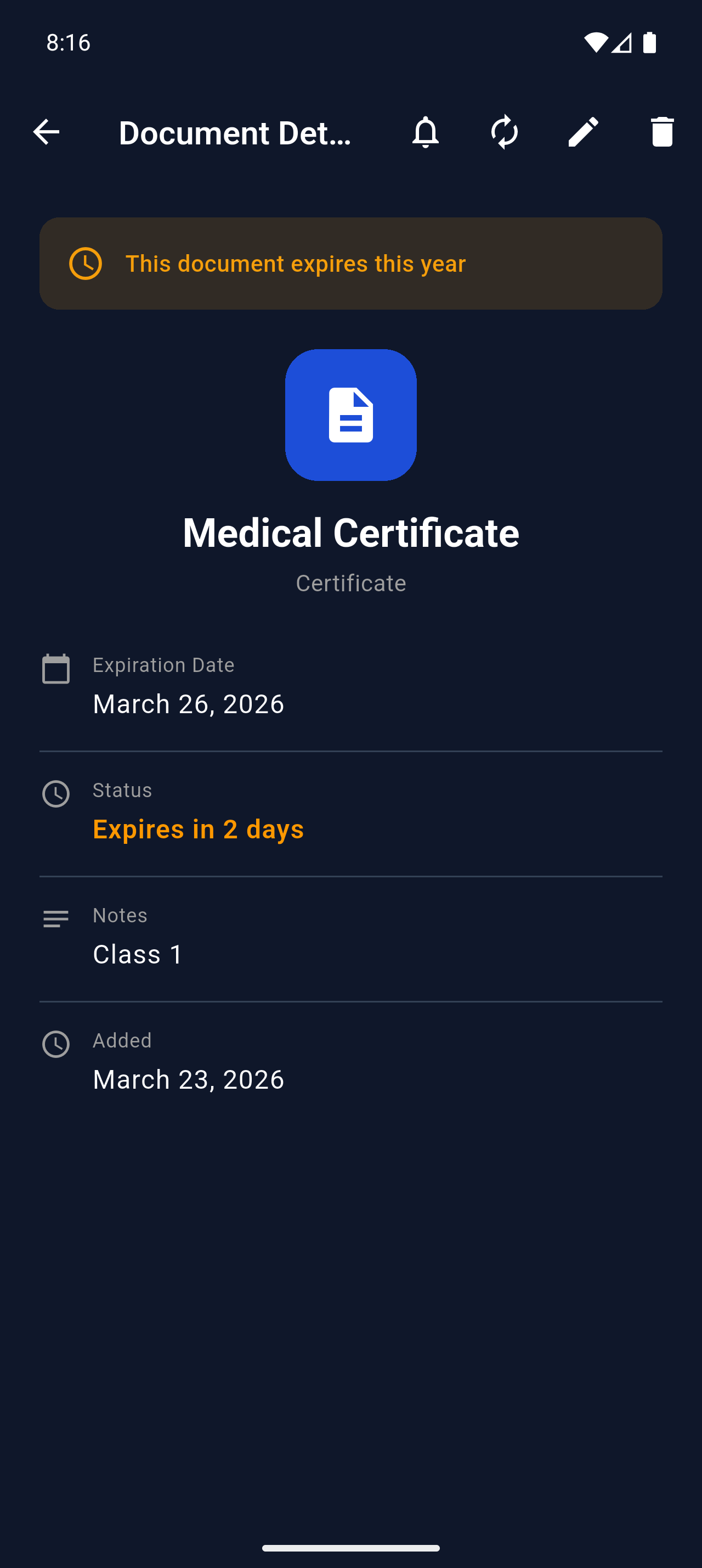 KeepValid document detail screen showing a medical certificate expiring in two days.