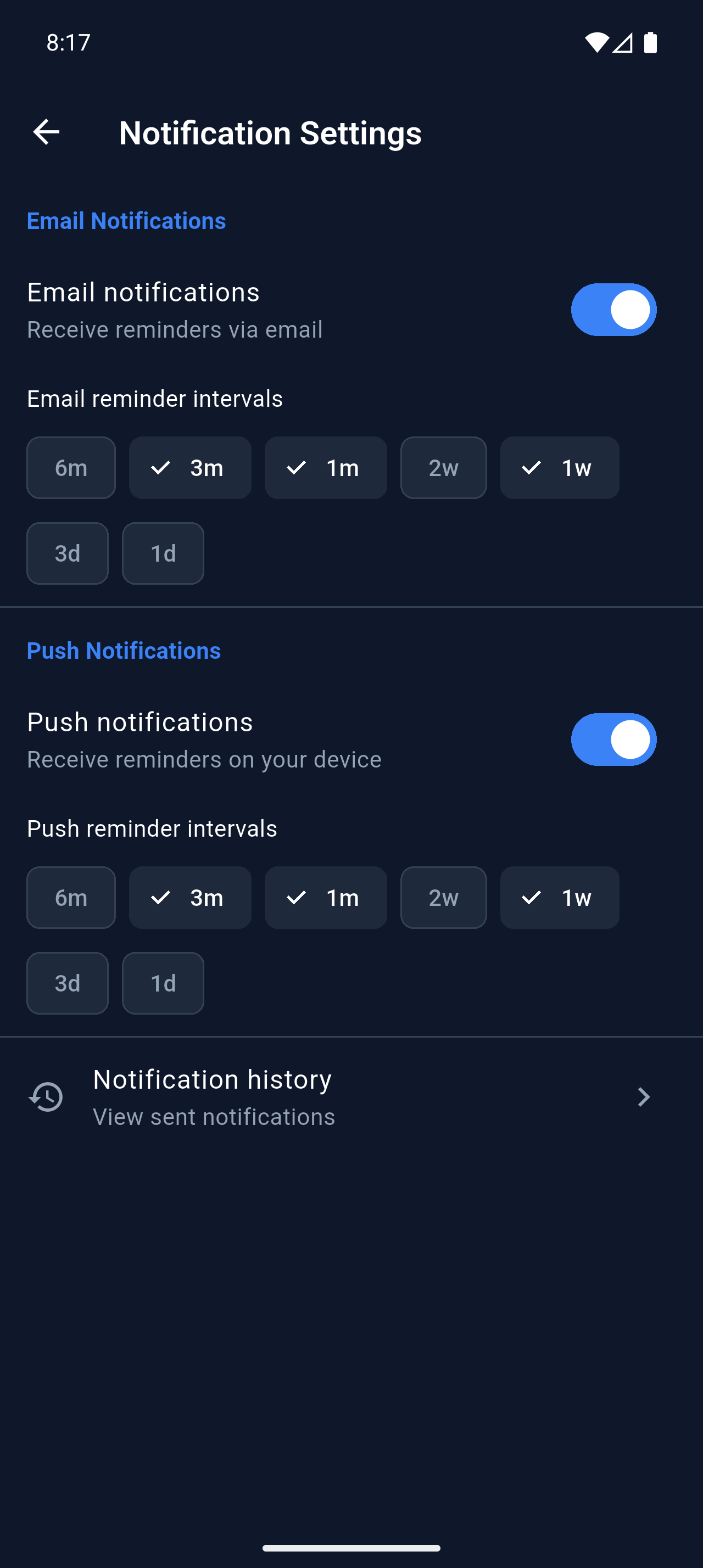 KeepValid notification settings screen with push and email reminder intervals.